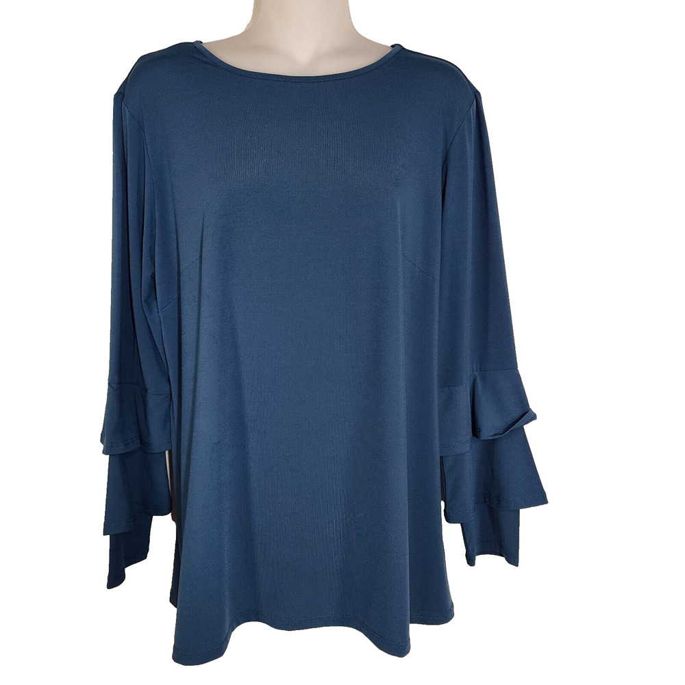 Joan Rivers Top Womens Medium Teal Jersey Knit Ruffle Sleeve Detail A342269